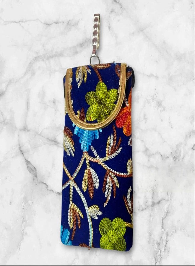 SUMERA WARQ Embroidered Mobile Pouch Cover, Navy Blue Floral Design, Handmade Ethnic Sling Bag with Clip (Blue) - Image 3